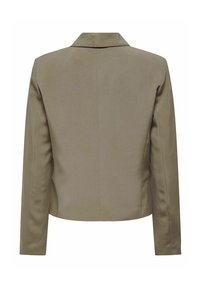 Blazer beige à la coupe ajustée, fermeture à un bouton, col à revers et texture de tissu lisse. Pas de poches ni d'accents visibles.