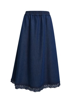 Dunkelblauer Jeansrock mit elastischem Bund und Spitzenbesatz am Saum, ausgestellter A-Linien-Schnitt, knielang.