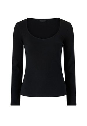 Black long-sleeve ribbed top with a wide, slightly curved square neckline and fitted silhouette.