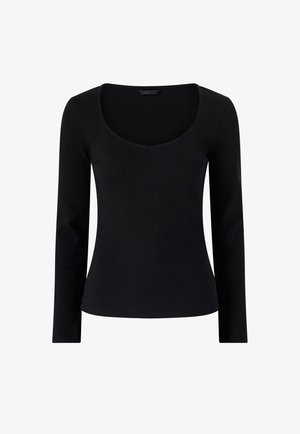 Black long-sleeve ribbed top with a wide, slightly curved square neckline and fitted silhouette.