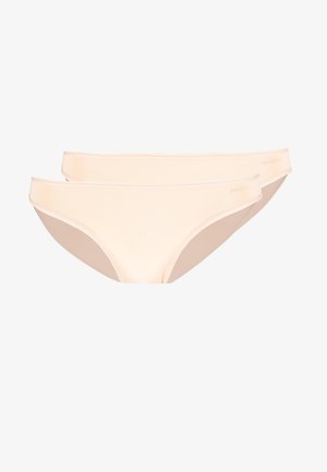 Two pairs of women's panties in light beige, featuring a smooth fabric, low-rise cut, and minimalistic design with no visible patterns.