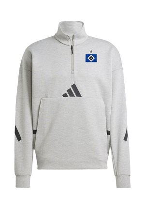 Light gray quarter-zip sweatshirt with black Adidas logo on front and sleeves, featuring blue and white diamond crest with a star on left chest.
