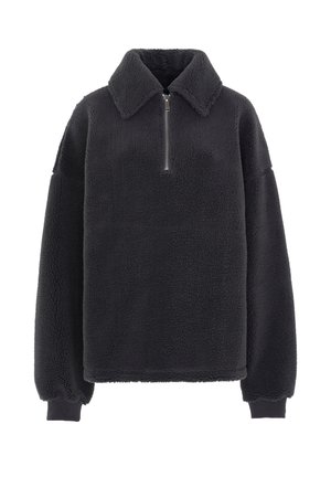 Fleece-Pullover in Dunkelgrau mit einem Reißverschlusskragen, überschnittenen Schulternähten und elastischen Bündchen. Weiche Textur mit einem lässigen, lockeren Schnitt.
