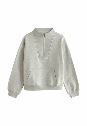 Light grey sweatshirt with a high collar, half zip closure, front pocket, and ribbed cuffs. Soft fabric with a relaxed fit.