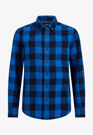 Blauw en marineblauw geruit overhemd met lange mouwen en knopen, katoenen stof, kraag en zwarte knopen. Afgeronde onderkant, zachte textuur.