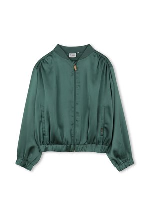 Cazadora bomber de satén verde con puños y dobladillo elásticos, cierre frontal con cremallera y bolsillos laterales, etiquetada con BOSS en la etiqueta del cuello.