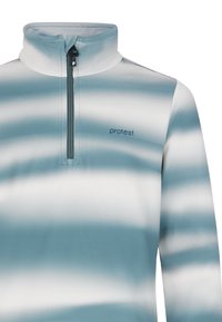 Helf-zip pullover in lichtblauw en wit met een gradient streep patroon, gemaakt van zacht, rekbaar materiaal, met een opstaande kraag.