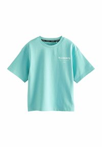 Turkos bomull t-shirt med avslappnad passform, rund hals och korta ärmar. Har en vit "ALLSAINTS" logotyp på framsidan.