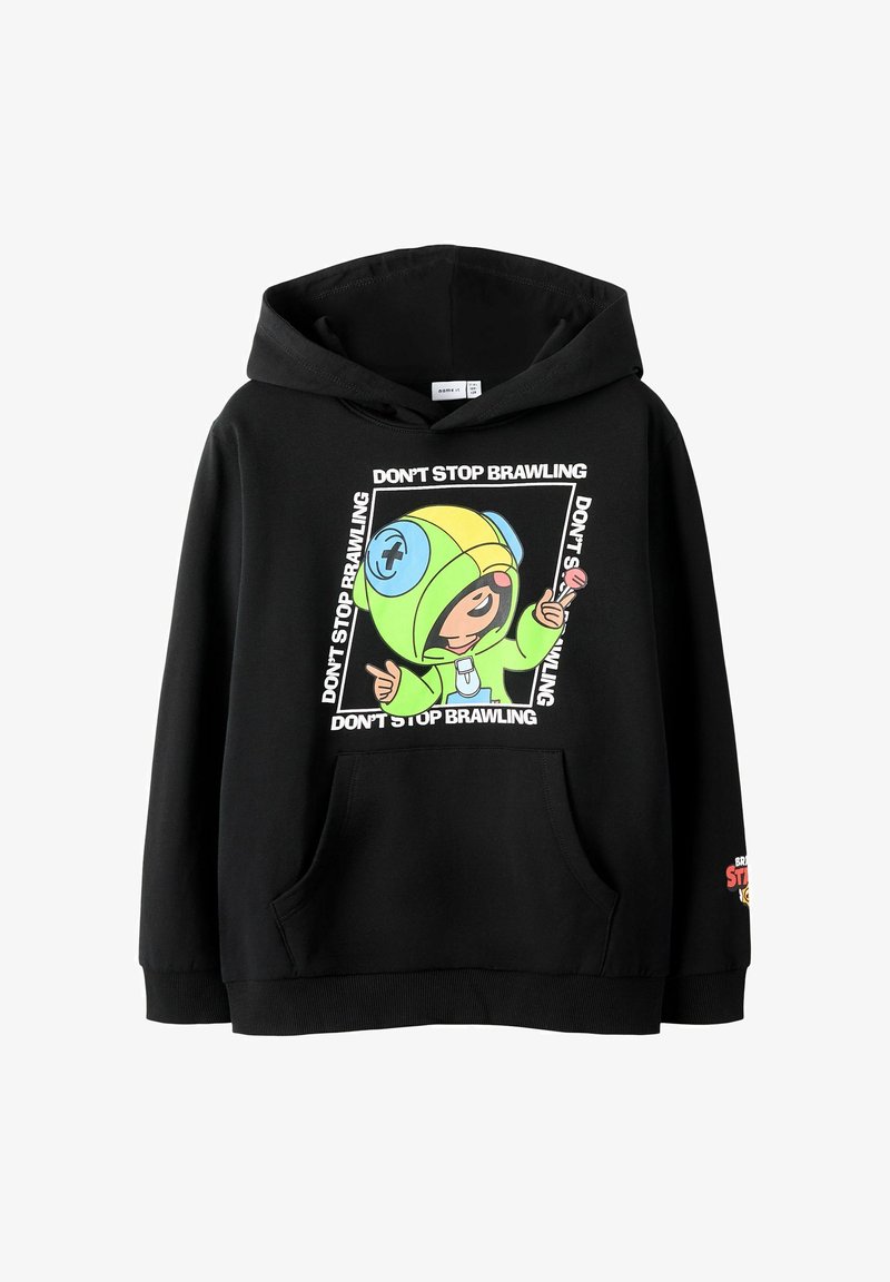 Fekete kapucnis pulóver első zsebbel, színes rajzfilmfigurával, aki zöld sisakot visel, és körötte a "NE ÁLLJ MEG A VEREKEDÉSSEL" felirat.