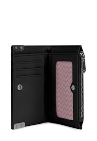Black leather wallet with multiple card slots, a clear ID window with a pink zigzag pattern, and a zippered compartment. Metal accents included.