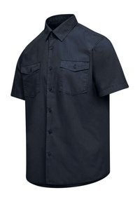 Camicia a maniche corte blu scuro con bottoni, realizzata in tessuto morbido, dotata di due tasche sul petto e colletto classico. Presenta un orlo dritto.