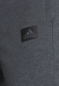 Graue Sporthose mit glatter Textur, versehen mit einem schwarzen Adidas-Logo-Patch am Oberschenkel. Schlichtes Design, keine sichtbaren Muster oder Akzente.