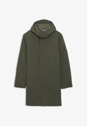 Imperméable vert olive avec un col haut et une capuche ajustable. Doté de manches longues, d'une fermeture éclair invisible sur le devant et de poches latérales. Tissu lisse et léger.