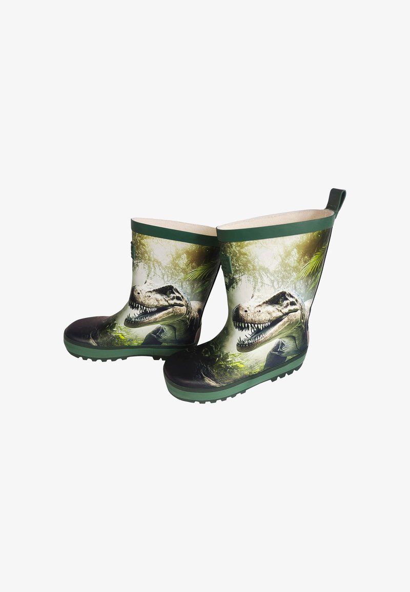 Rubber rain boots featuring a dinosaur graphic design, green accents, textured sole, and a pull tab for ease of wear.