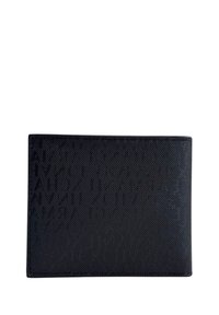 Portafoglio nero realizzato in materiale testurizzato, forma rettangolare, con un sottile motivo in rilievo che attraversa la superficie. Design piatto con bordi puliti.