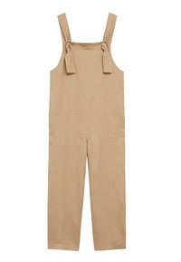 Combinaison en lin beige à jambes larges, décolleté carré et bretelles nouées aux épaules, sans manches et longueur totale.