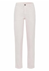 Pantalon rose clair à jambe droite avec deux poches avant et une fermeture par bouton. Fabriqué en tissu doux, avec une ceinture plate et une texture lisse.