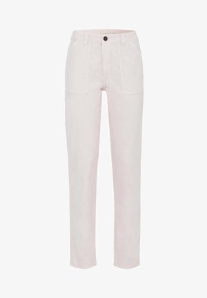 Pantalon rose clair à jambe droite avec deux poches avant et une fermeture par bouton. Fabriqué en tissu doux, avec une ceinture plate et une texture lisse.