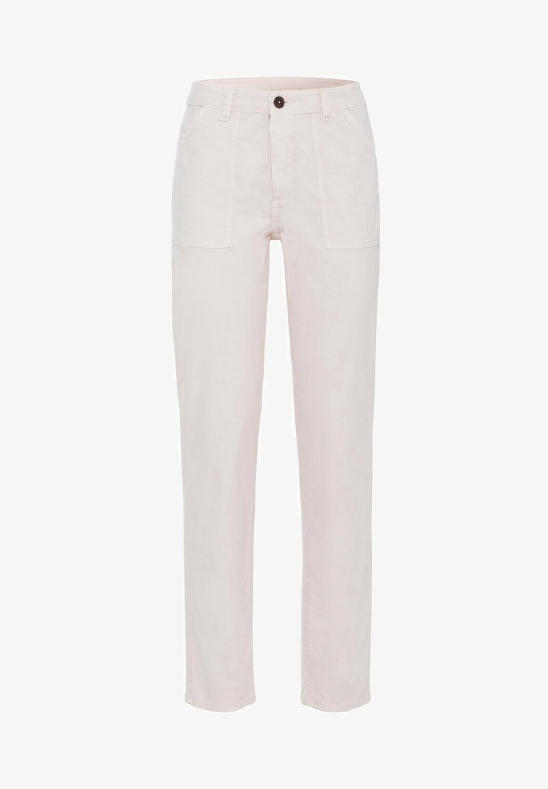 Pantalon rose clair à jambe droite avec deux poches avant et une fermeture par bouton. Fabriqué en tissu doux, avec une ceinture plate et une texture lisse.