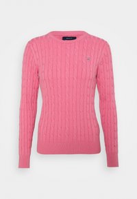 Maglione rosa lavorato a maglia con motivo a treccia, collo rotondo e polsini a costine. Presenta un piccolo logo sul petto. Tessuto morbido, design aderente.