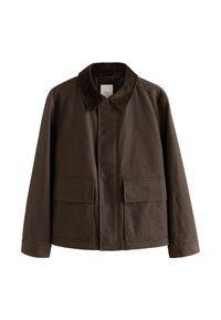 Chaqueta de lona marrón con cuello de pana, que cuenta con dos bolsillos frontales y un corte recto. Diseño liso, con detalles de costura mínimos.