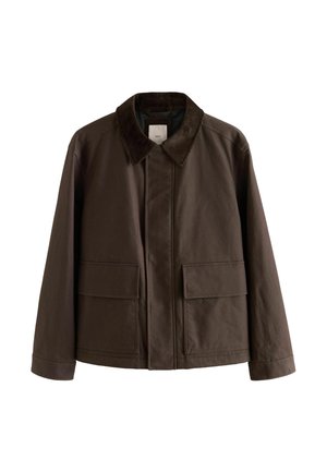 Braune Canvas-Jacke mit einem Cordkragen, ausgestattet mit zwei Fronttaschen und einem geraden Schnitt. Schlichtes Design, minimale Nähte.