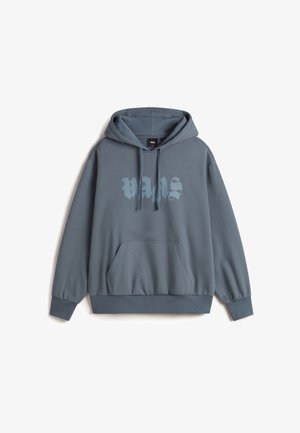Hooded sweatshirt in slate blue with a front kangaroo pocket, drawstrings at the hood, and a prominent "VANS" logo in faded lettering.