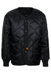 Black quilted jacket with a round neck, front buttons, two large pockets, and ribbed cuffs; features a textured pattern on the fabric.