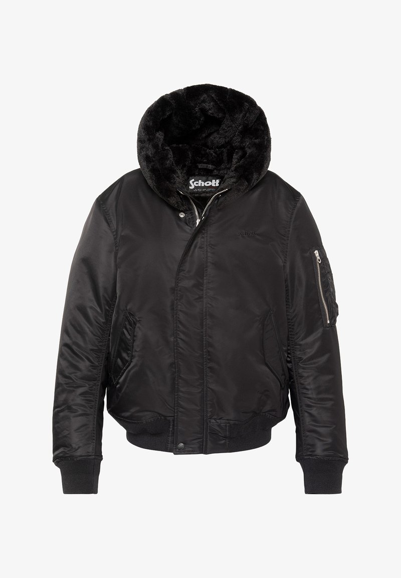 Veste bomber noire avec capuche doublée de fourrure, fermeture éclair avant et fermeture à pression, deux poches avant, poignets et ourlet côtelés, et poche zippée sur la manche.