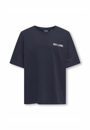 T-shirt en coton bleu marine à manches courtes, col rond, avec le texte imprimé en blanc "ONLY & SONS" sur la partie gauche de la poitrine.