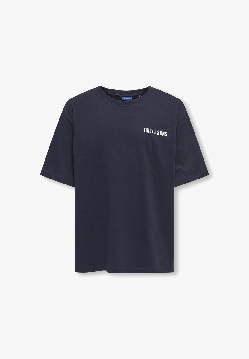 T-shirt en coton bleu marine à manches courtes, col rond, avec le texte imprimé en blanc "ONLY & SONS" sur la partie gauche de la poitrine.