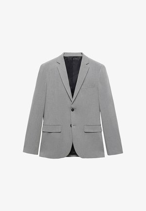 Jasnoszary żakiet wykonany z teksturowanej tkaniny, z pojedynczym zapięciem na guzik, dwoma przednimi kieszeniami oraz gładką czarną podszewką.