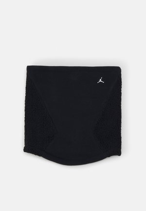 Black neck gaiter with a smooth fabric center and textured fleece side panels. Features a white Jumpman logo on the front.