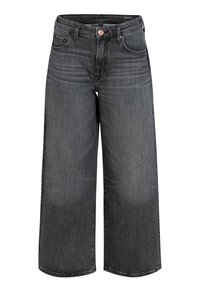 Spodnie dżinsowe o szerokich nogawkach w ciemnoszarym deninie, z klasycznym pięciopocketowym wzorem, metalowym guzikiem oraz subtelnym wyblaknięciem z przodu i z tyłu.