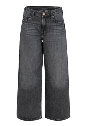 Weite Jeans aus dunkelgrauem Denim mit klassischem Fünf-Taschen-Design, Metallknopf und dezenten Verwaschungen an Vorder- und Rückseite.