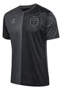 Sort sportsjersey med lodrette grå striber. Har v-hals, korte ærmer og et logo med tre stjerner på brystet. Letvægtsstof.