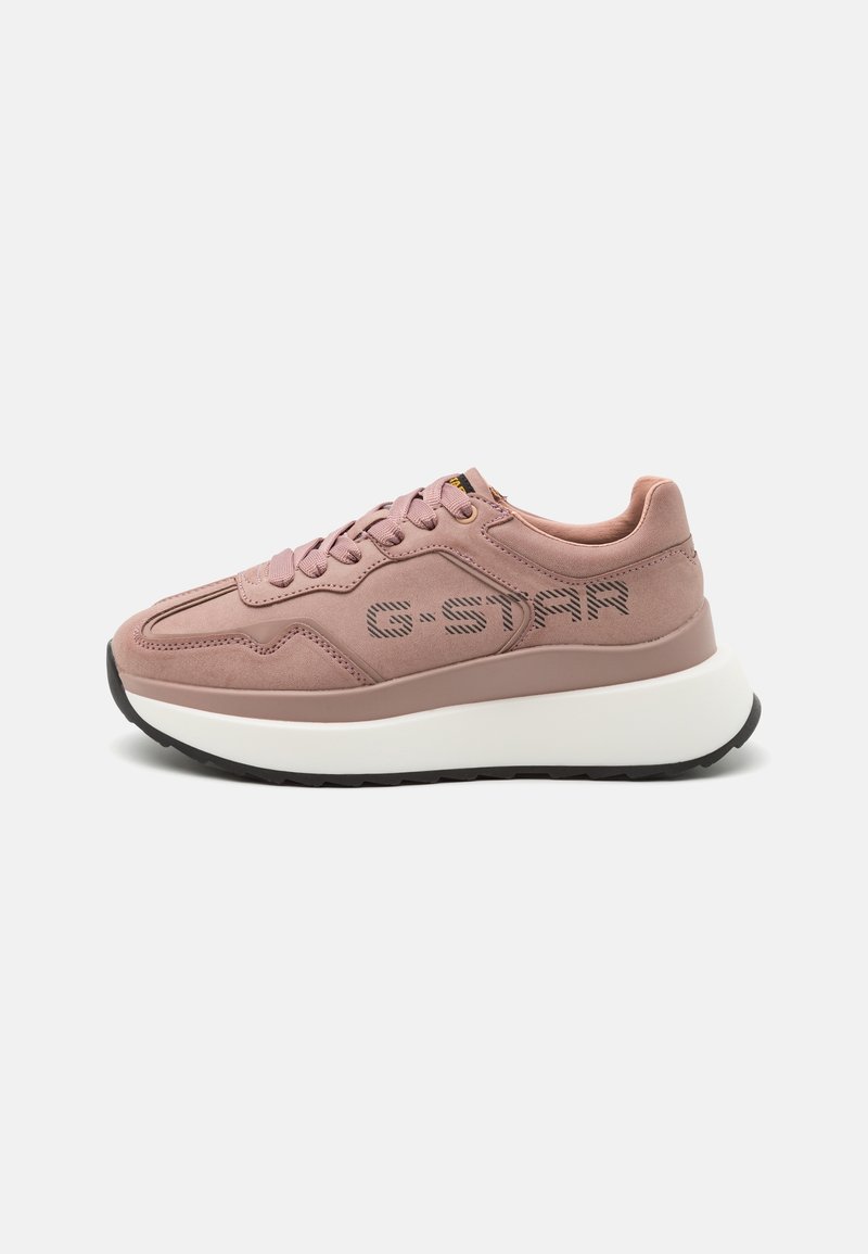 Baskets en daim rose avec semelle blanche épaisse, bande de roulement noire, lacets et logo "G-STAR" sur le côté.