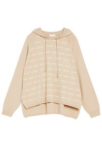 Beige capuchontrui met losse pasvorm, voorzien van een all-over "LIU JO" tekstpatroon, trekkoorden en geribbelde manchetten. Zacht van textuur.