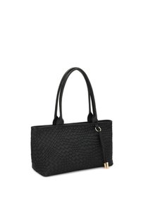 Μαύρη πλεκτή δερμάτινη τσάντα tote με δύο χερούλια, ορθογώνιο σχήμα και υφή. Διαθέτει χρυσή μεταλλική λεπτομέρεια στο πλάι.