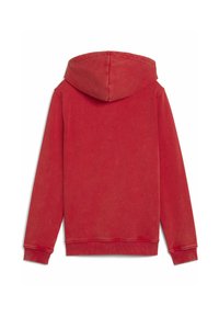 Roter Hoodie aus einem weichen, strukturierten Stoff. Mit verstellbarem Kapuzenzug und gerippten Bündchen und Saum. Glattes Pullover-Design ohne vordere Verzierungen.