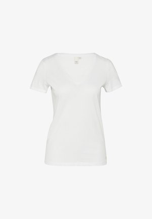 Witte katoenen t-shirt met korte mouwen en een v-hals. Heeft een getailleerde vorm en een label aan de binnenkant van de halslijn. Geen patronen of accenten.