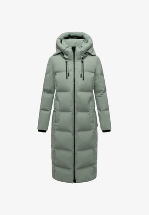 Manteau long rembourré en vert clair, doté d'une capuche, fermeture éclair, et accents noirs aux poignets. Texture lisse avec un design matelassé.