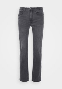 Jeans de corte recto para hombre en denim gris oscuro, con bolsillos delanteros, cierre de botones y sutiles marcas de desgaste a lo largo de los muslos.