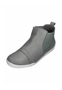 Gray leather ankle boot with elastic side panel and rubber sole. Features a smooth texture and rounded toe design.