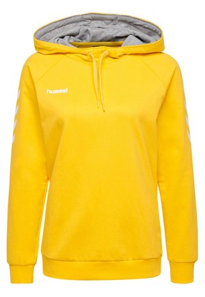 Geel hoodie met een grijze voering. Kenmerkt zich door een wit logo en een chevronpatroon op de mouwen. Gemaakt van zacht materiaal, relaxte pasvorm.