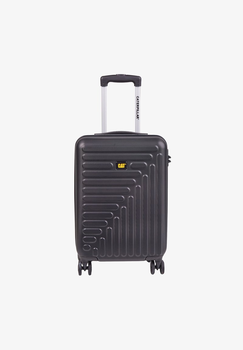 Kova musta kovamuovinen matkalaukku, jossa on teksturoitu geometrinen muotoilu, teleskooppikahva ja neljä pyörää liikkuvuutta varten. Varustettu keltaisella brändilogolla.