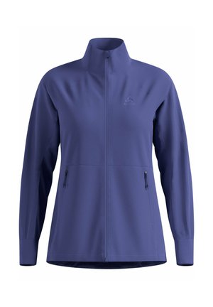 Blaues langärmliges Zip-Jacke mit Stehkragen und zwei seitlichen Reißverschlusstaschen, entworfen für den Outdoor- oder sportlichen Einsatz.