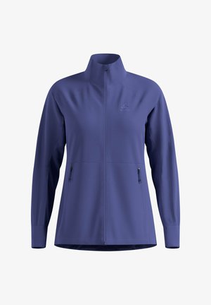 Blaues langärmliges Zip-Jacke mit Stehkragen und zwei seitlichen Reißverschlusstaschen, entworfen für den Outdoor- oder sportlichen Einsatz.