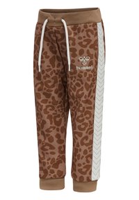 Bruine broek van luipaardprint met een witte streep, elastische tailleband en trekkoord. Hummel-logo geborduurd op de voorkant. Zacht materiaal.