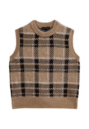 Beżowa dzianinowa kamizelka bez rękawów w czarno-białą kratę, z prążkowanym okrągłym dekoltem i zakończeniem, z metką "New Look" wewnątrz kołnierza.